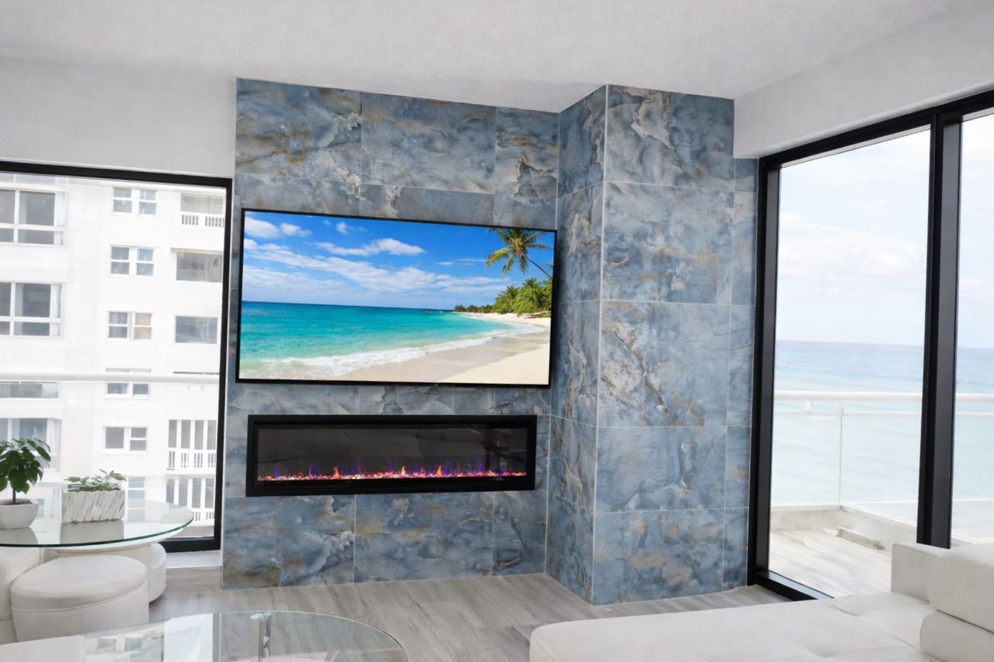 Stone fireplace wall with ocean views