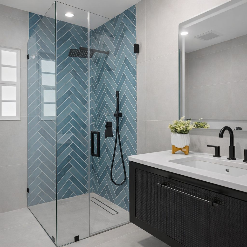 Blue herringbone tile shower with black fixtures